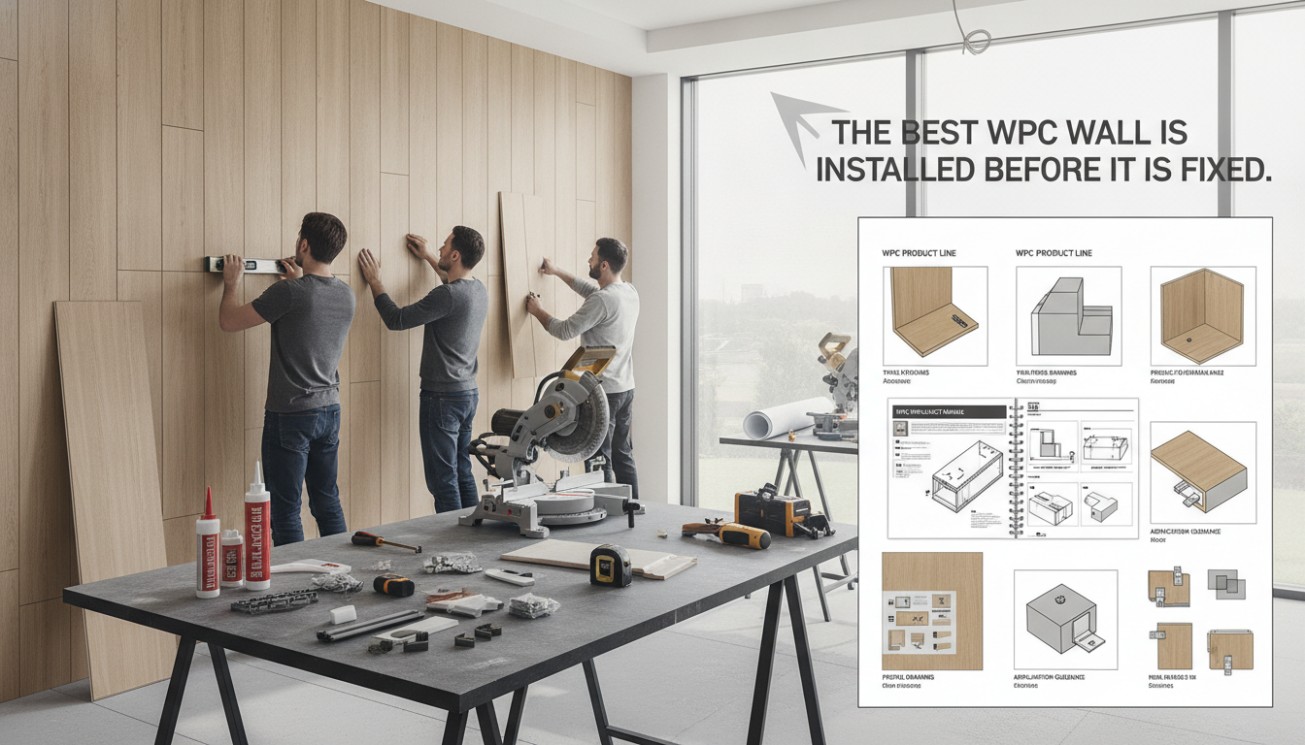 Contractors installing WPC wall panels with adhesive, tools, layout drawings, and installation accessories in a workshop